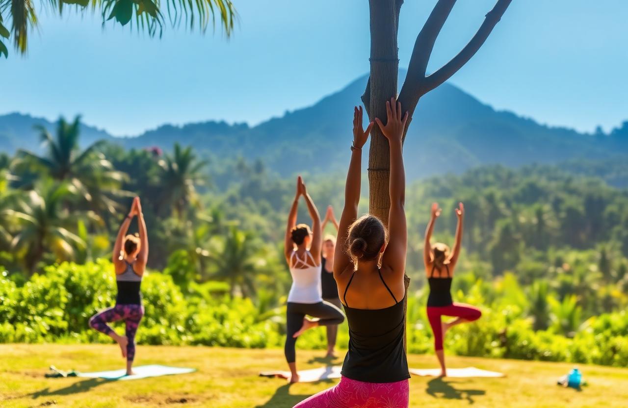 Yoga ao ar livre com vista para a montanha