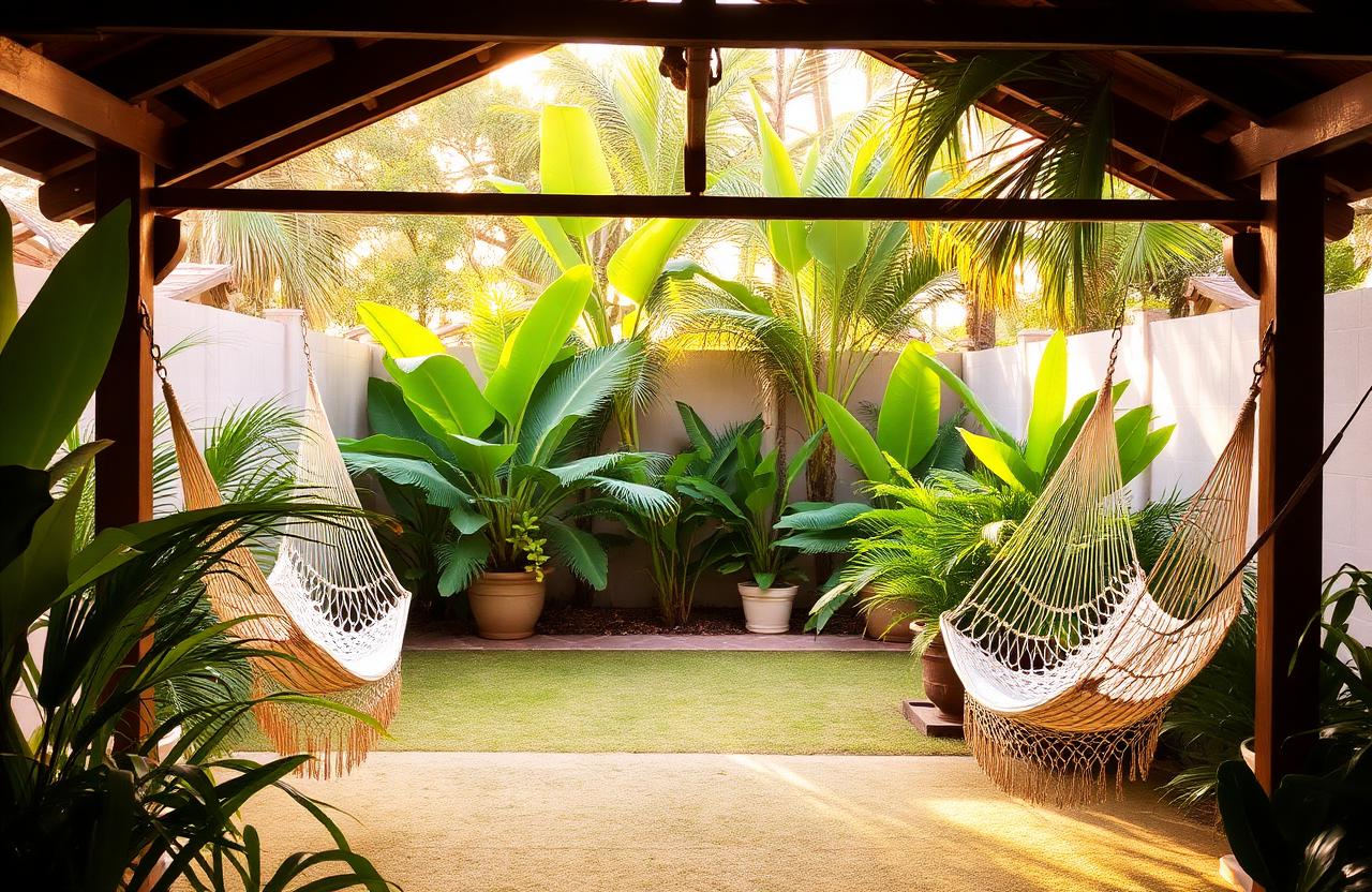 Área externa com redes e plantas